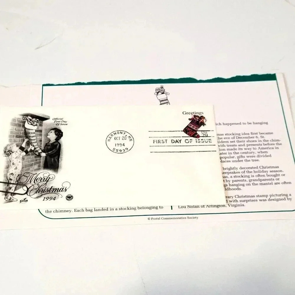 US Postal Service 1994 Christmas Stamp First Day of Issue Stocking .29 Cent